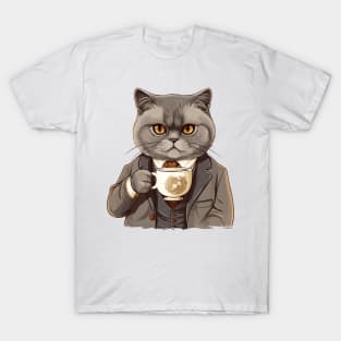 British Shorthair Cat Drinking Coffee T-Shirt